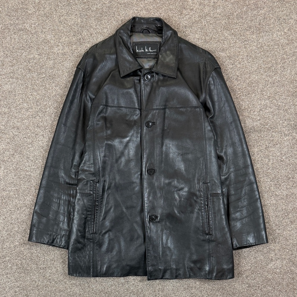 Nicole Miller Black Genuine Lamb Leather Button Front Collared Jacket Mens Large
